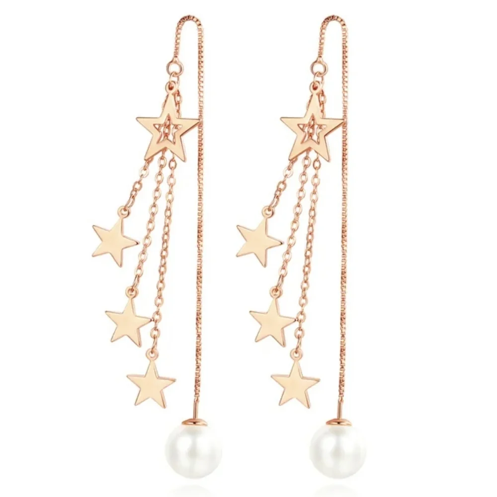 Sterling Silver Dangling Chain Earing for Women,Star,Pearl,Gift,Teens,Bridal - Picture 3 of 3